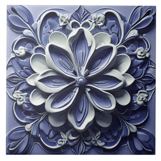 Indigo Azulejo Azul Portugués Faux Relief Floral (Frente)