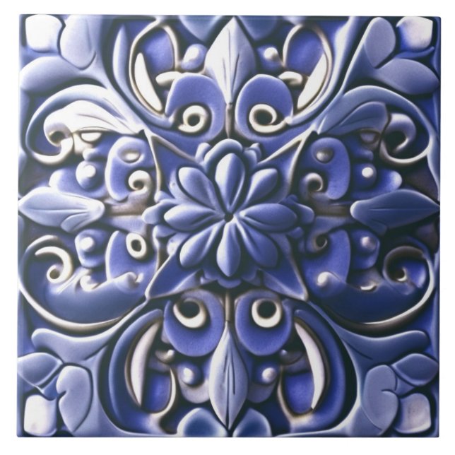 Indigo Azulejo Blue Faux Relief Flor Botánica (Frente)