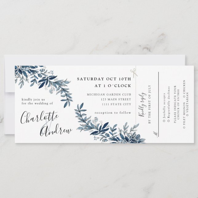 índigo floral invitación a la boda con rsvp adjunt (Anverso)