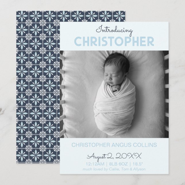 Indigo Modern Tile Birth Announcement Card (Anverso / Reverso)