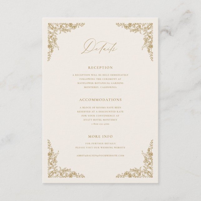 Información sobre la tarjeta de Boda Gold & Cream  (Anverso)