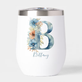 Inicial B Monograma Azul Floral Acuarela Regalo Pa