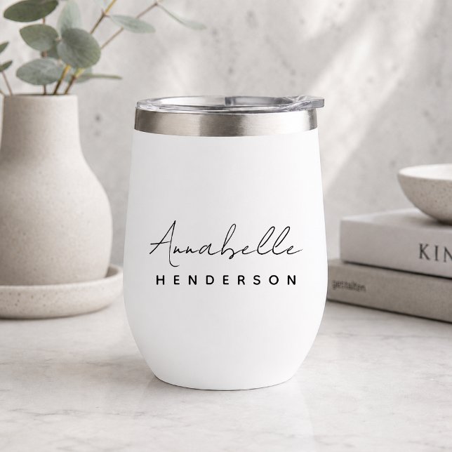 Inicial | Blanco Minimalista moderno y sencillo (Personalized script name wine tumbler by Guava with clean modern minimalist styling)
