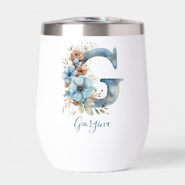 Inicial G de Monograma Azul Regalo Floral Acuarela
