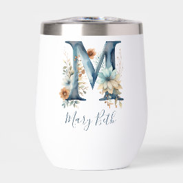 Inicial M de Monograma Azul Regalo Floral Acuarela