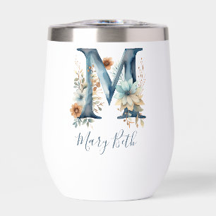 Inicial M de Monograma Azul Regalo Floral Acuarela