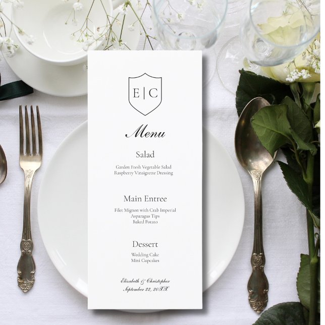 Iniciales de Monograma Menú de Boda Minimalista Mo (Monogram Initials Modern Simple Black White Minimalist Wedding Menu)