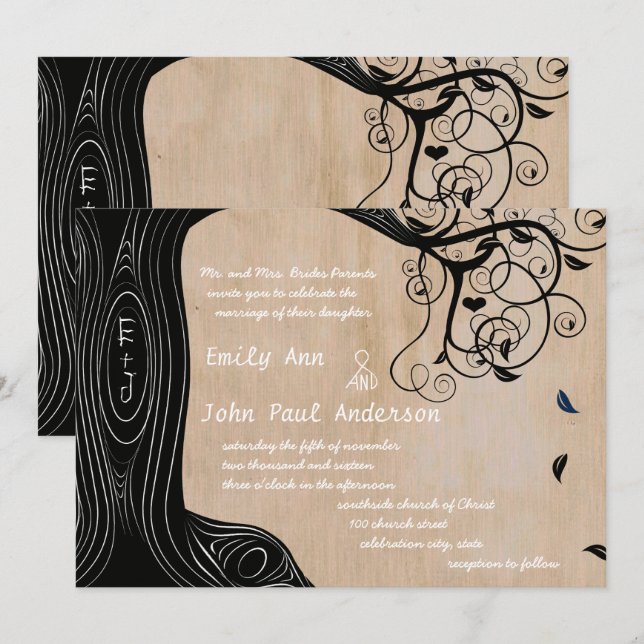 Iniciales románticas en invitación de boda de árbo (Anverso / Reverso)