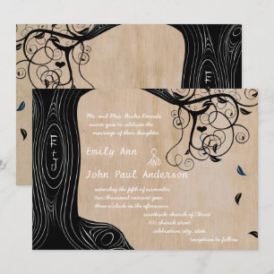 Iniciales románticas en invitación de boda de árbo