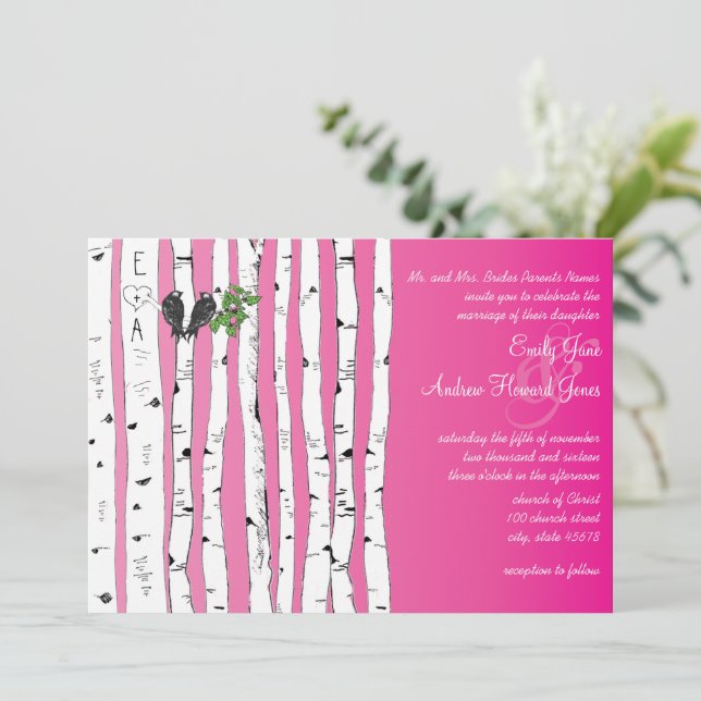 Iniciales rosadas en invitaciones de matrimonio en (Anverso de pie)