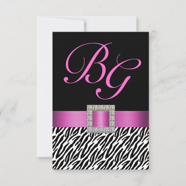 Iniciales rosados Bandas de cebra Wedding RSVP (Anverso)