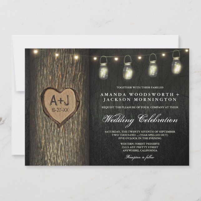 Iniciales talladas Jars Oak Wedding Invitaciones a (Anverso)