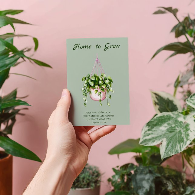 Inicio para crecer nueva Invitación de direcciones (“Home to Grow” moving announcement card. Watercolor illustration of a pink hanging plant pot.)