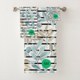 Initials girly pastel Botanical Blue Stripes Chic