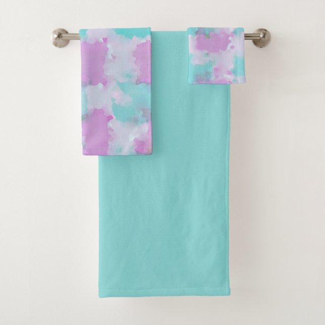 Ink Wash Abstract Art Bath Towel Set Pink Aqua (In situ)