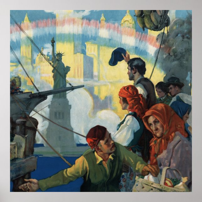 Inmigrantes y la estatua de la obra de arte de la  (Frente)