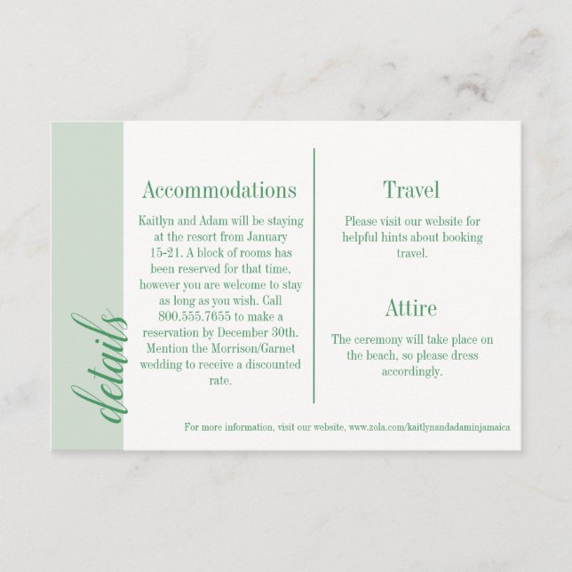 Inserción de invitación verde, Boda de Caroline (Anverso)