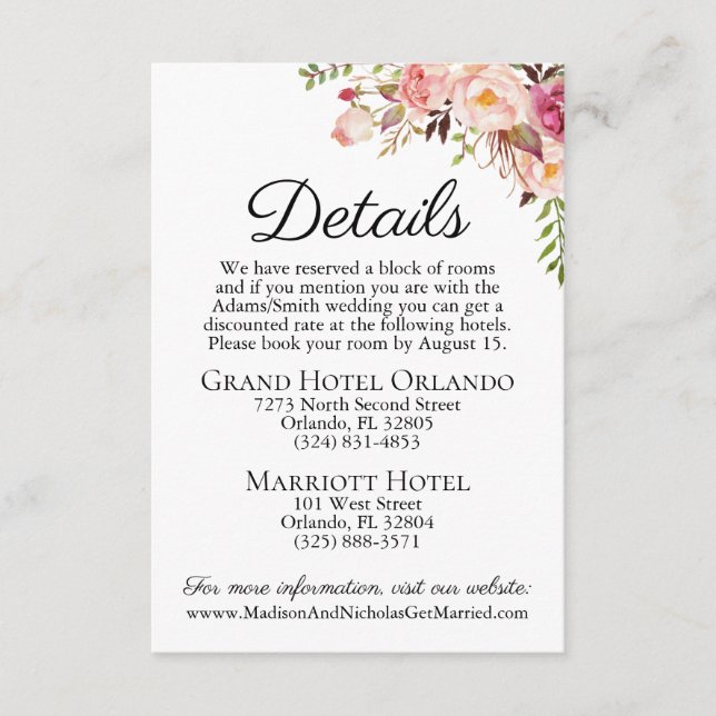 Inserción de la tarjeta de detalles del Boda flora (Anverso)