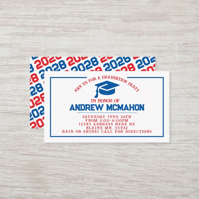 Insertar Invitación de invitación a graduación roj (Blue, White and Red Mini Graduation Invites for Friends, Team Mates or as Announcement Inserts!)