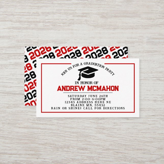Insertar Invitación de invitación de graduación ro (Red and Black Mini Invitation for Friends or Open House Insert for Announcements)