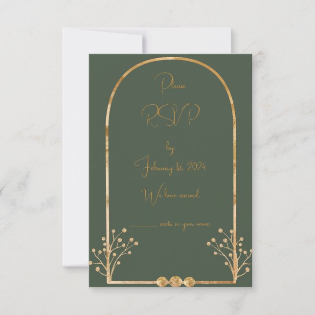 Insertar RSVP de Boda Verde Oscuro y Oro (Anverso)
