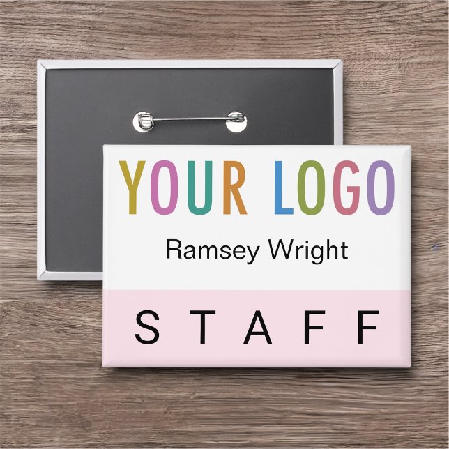 Insignia de personal rosa con el botón de nombre d (MISOOK Staff Name Button with Logo Pink Large Rectangle)