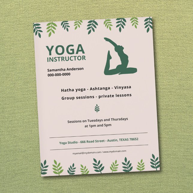 Instructor de yoga con volante de hojas verdes (Yoga Instructor with Green Leaves Flyer)