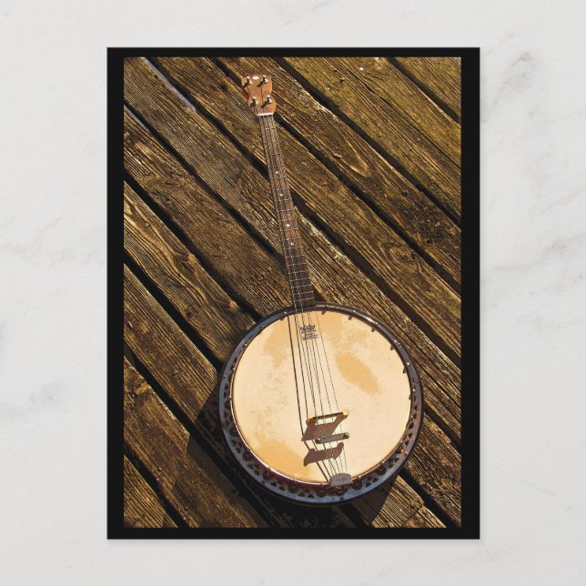 Instrumento de música banjo en postal de madera (Anverso)