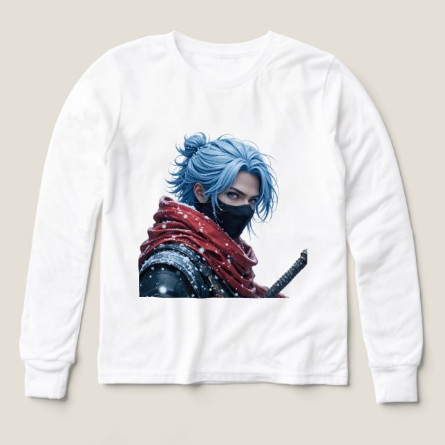 Intense Blue-Haired Swordsman in Snowy Setting Por (Diseño frontal)
