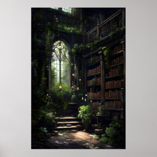 Interior de biblioteca oscura, decoración de hogar