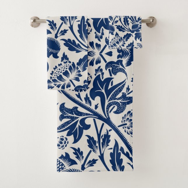Intricate blue floral pattern on light background (In situ)