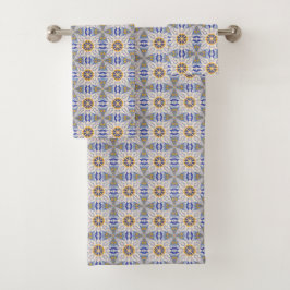 intricate blue, yellow, & white geometric pattern 