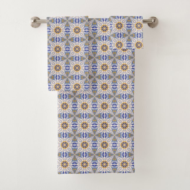 intricate blue, yellow, & white geometric pattern  (In situ)