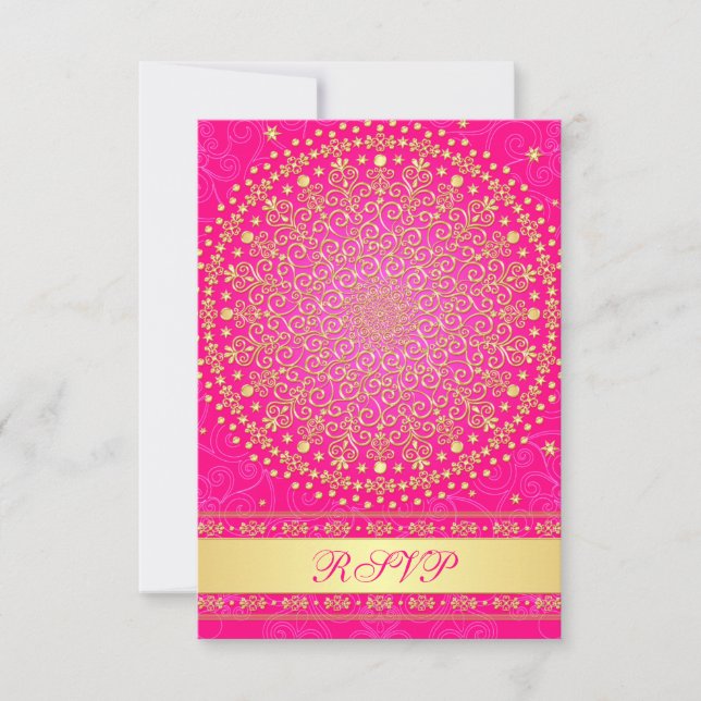 Intricate Pink, Gold Scrolls Wedding RSVP Card (Anverso)