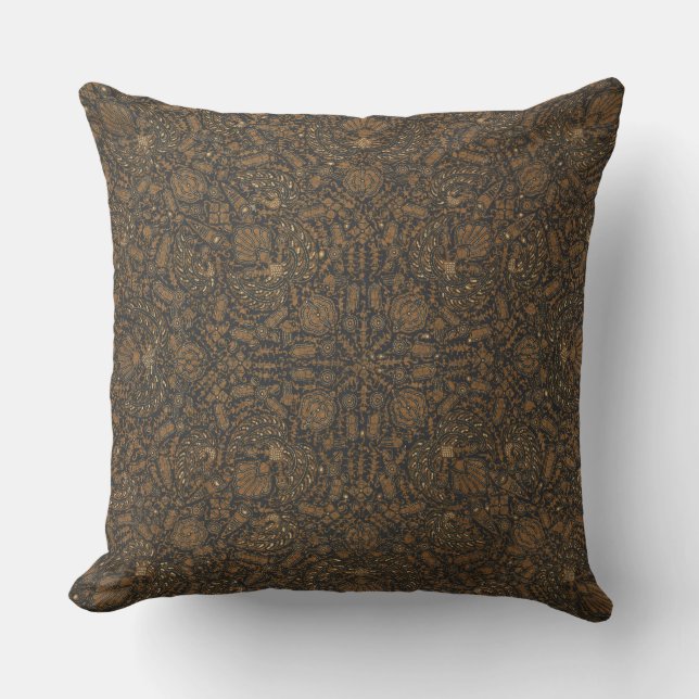 Intrincado Cojín decorativo de Batik Marrón y Negr (Anverso)