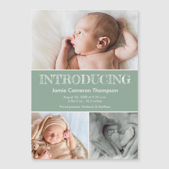 Introducing baby photos green birth announcement (Anverso)