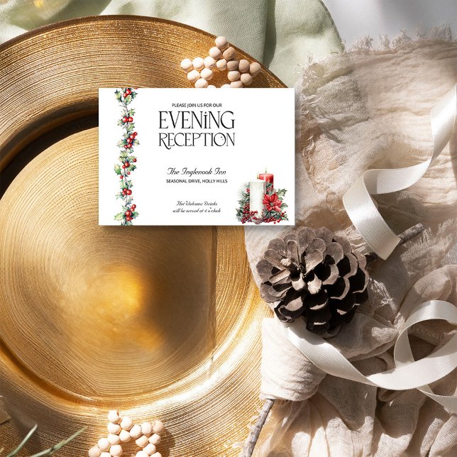 Invierno Boda Holly Velas Red Berries Recepción (Evening Reception Card from the Holly Bells Wedding Collection by Darling & May)