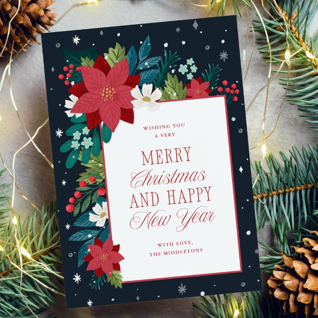 Invierno Botánico Colorido Feliz Navidad (illustrated winter botanical flowers and leaves Merry Christmas greeting card)