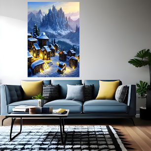 Invierno en el pueblo de la nieve   Poster de arte