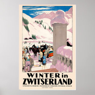 Invierno en Suiza Zurich Póster de viaje vintage