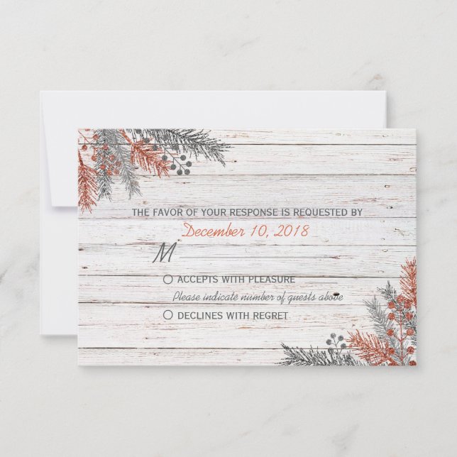 Invierno Rústico Whitewashed Wood Wedding RSVP (Anverso)