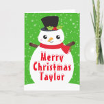 Invierno Snowman Brillante Verde Feliz Navidad<br><div class="desc">Adorables Navidades de Invierno nevan con un sombrero alto y una bufanda roja. El fondo consiste en copos de nieve cayendo sobre verde brillante. Gráficos de PrettyGrafik</div>