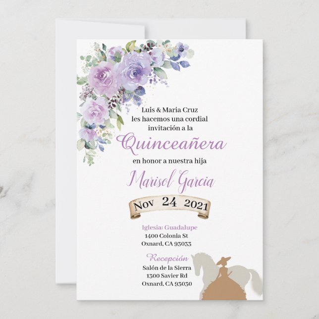 Invitació n Quinceañ era Purple Lilac Floral cha (Anverso)