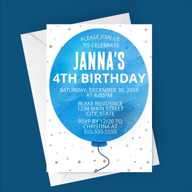 Invitación (Blue Watercolor Balloon Birthday Party Invitation)