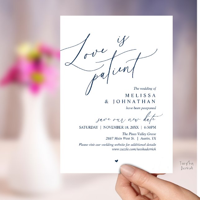 Invitación (“Love Is Patient” Wedding Postpone Announcement, Change the date card in Navy Blue)