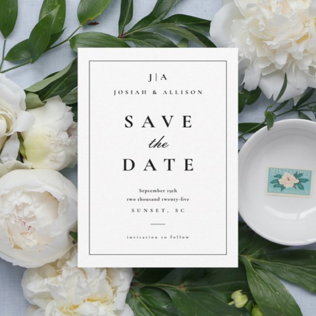 Invitación (Classic black and white elegant wedding monogram save the date announcement card.)