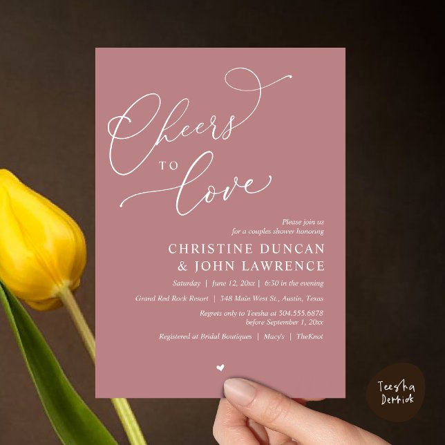 Invitación (Cheers to love, Romantic Couples Shower Modern Party Winery Invitation Card, PDF, Summer Dusty Rose)