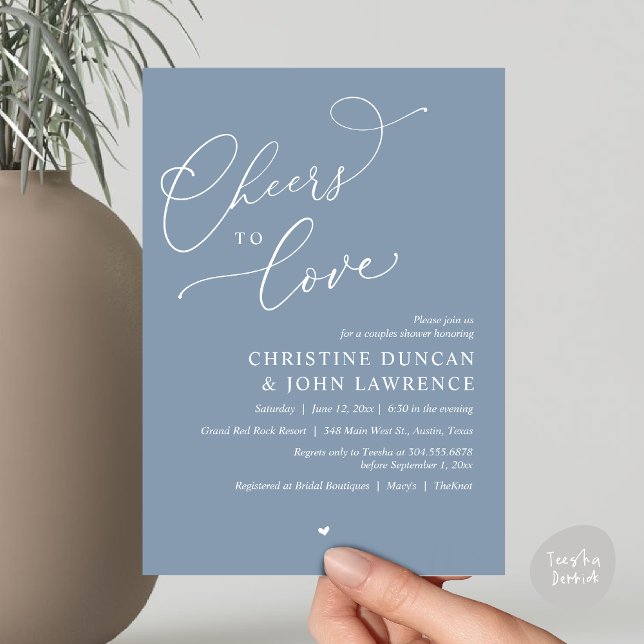 Invitación (Cheers to love, Romantic Couples Shower Modern Party Winery Invitation Card, PDF, Summer Dusty Blue)