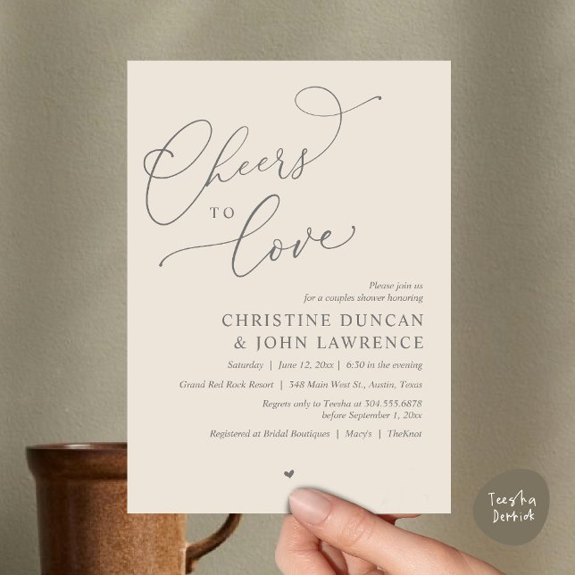 Invitación (Cheers to love, Romantic Couples Shower Modern Party Winery Invitation Card, PDF, Summer Cream Grey)