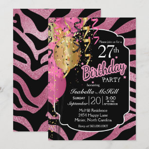 Invitación 00º Cumpleaños - Rayas de cebra rosadas y negras